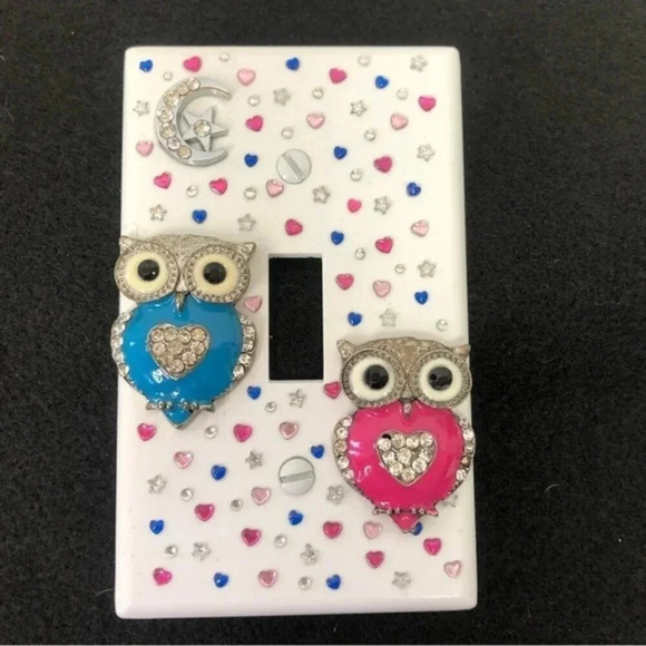 💕2/$25💕pink and Blue Owls & Hearts Light Switch Plate Cover Handcrafted - Picture 1 of 1